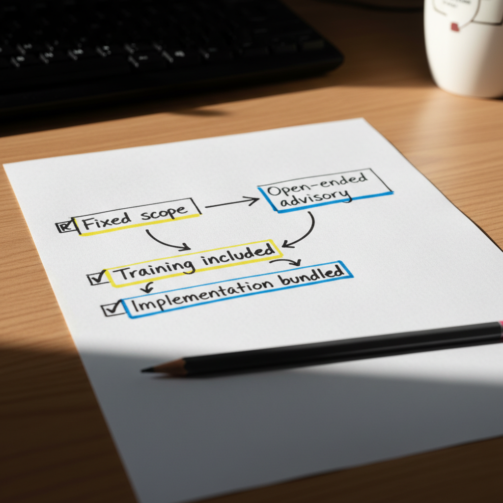 Hand-drawn pricing comparison sketch-note covering fixed scope, advisory, training and bundled implementation costs
