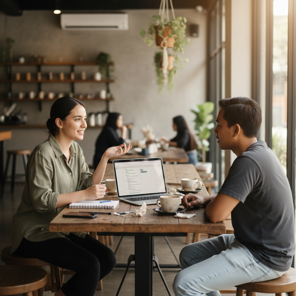 Two Malaysian professionals working side by side with a laptop and notebook in a bright modern café