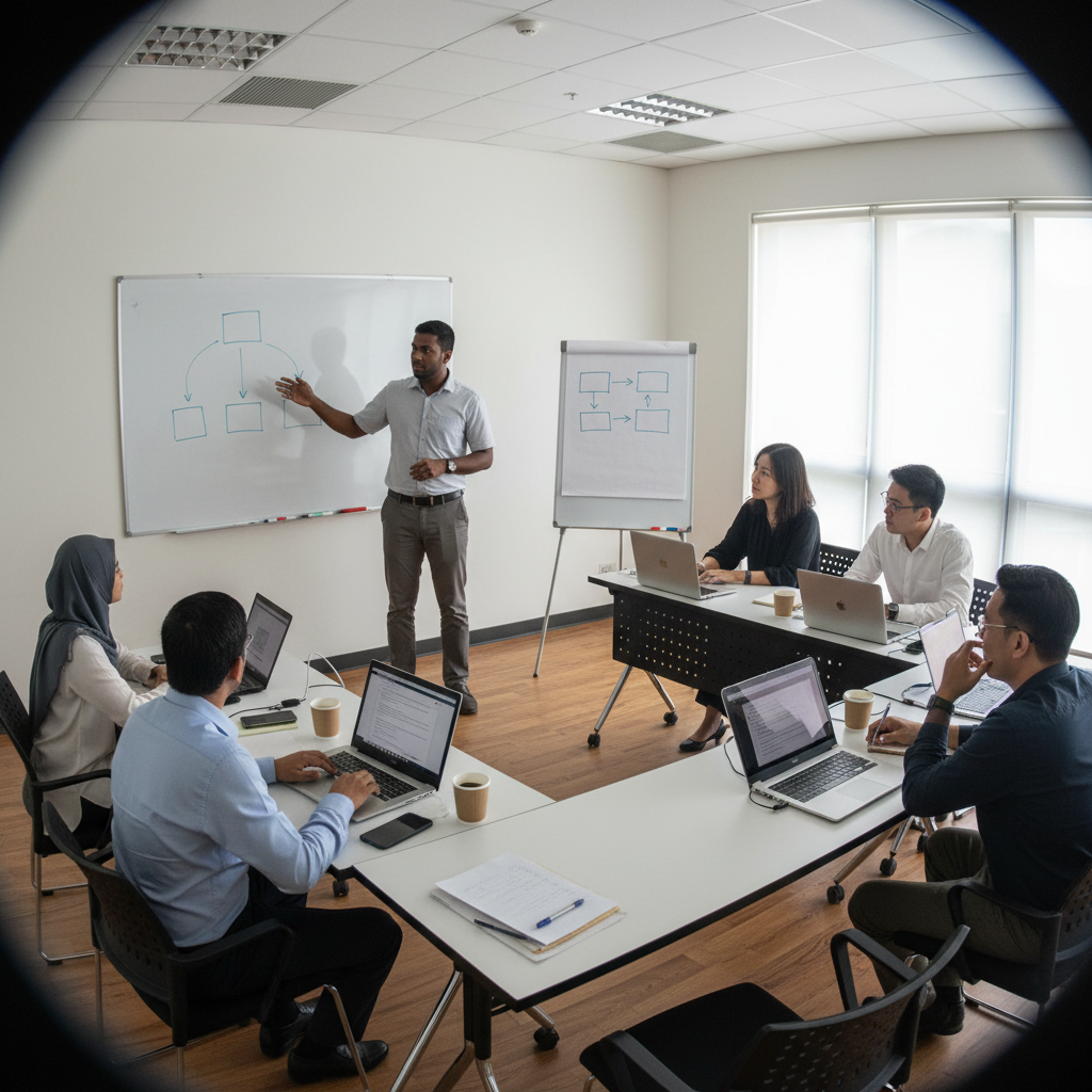 Corporate AI training session in Malaysia where a trainer guides professionals with laptops and notebooks