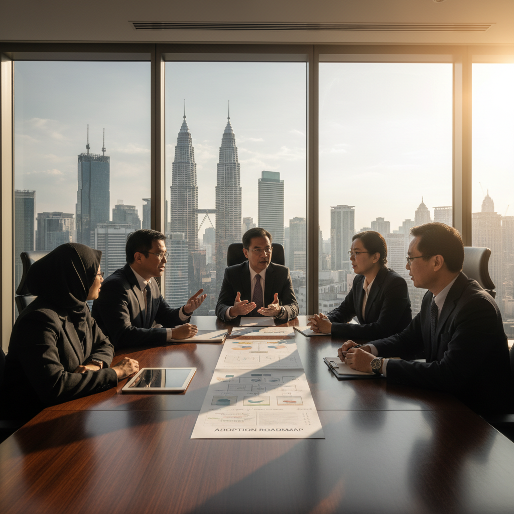 Senior executives in a Malaysian boardroom reviewing AI strategy papers and an adoption roadmap during a collaborative discussion.
