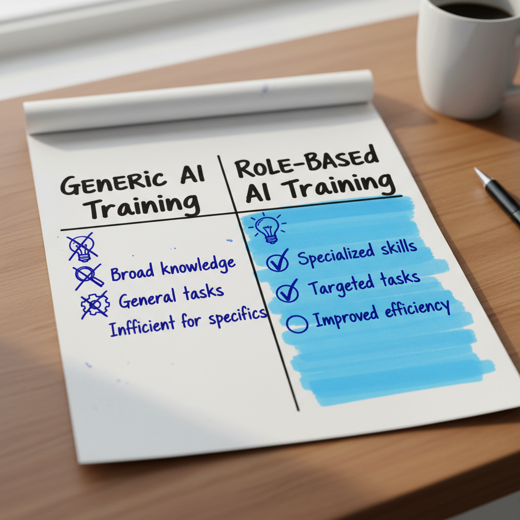 Hand-drawn cheat sheet comparing generic AI training versus role-based AI training with checkmarks and doodle icons.