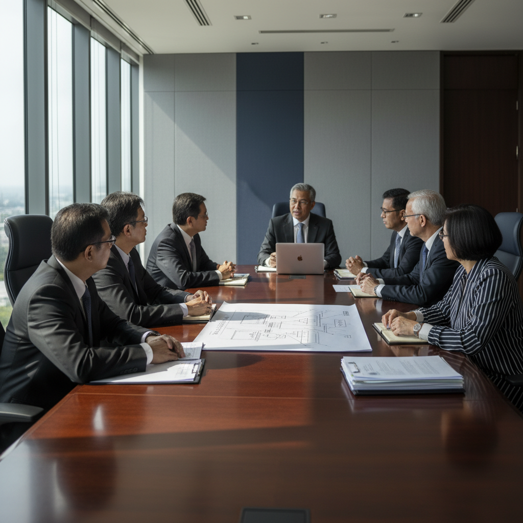 Senior executives in a Malaysian boardroom reviewing an AI adoption roadmap and strategy papers