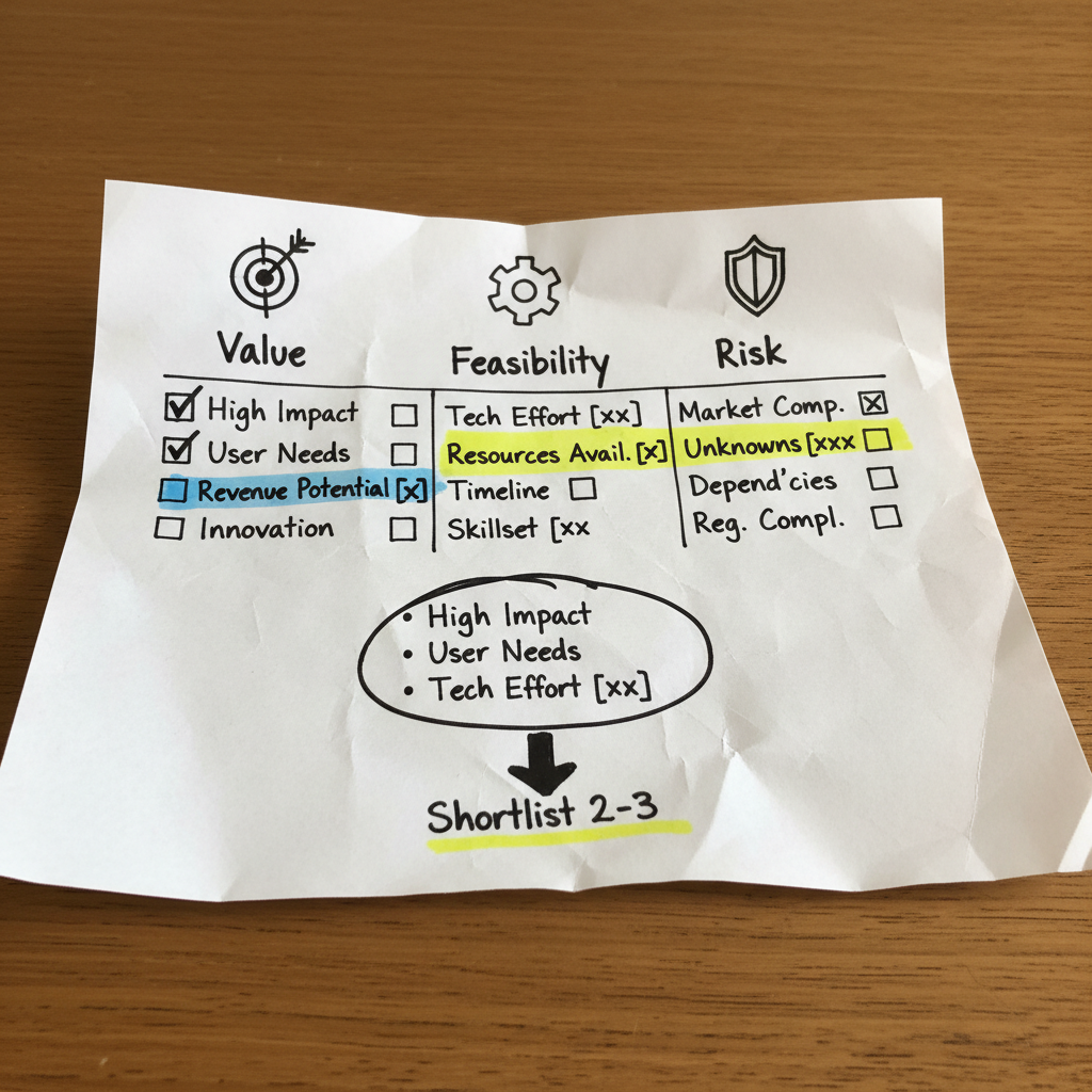 Hand-drawn paper infographic showing how to score AI use cases for value, feasibility and risk