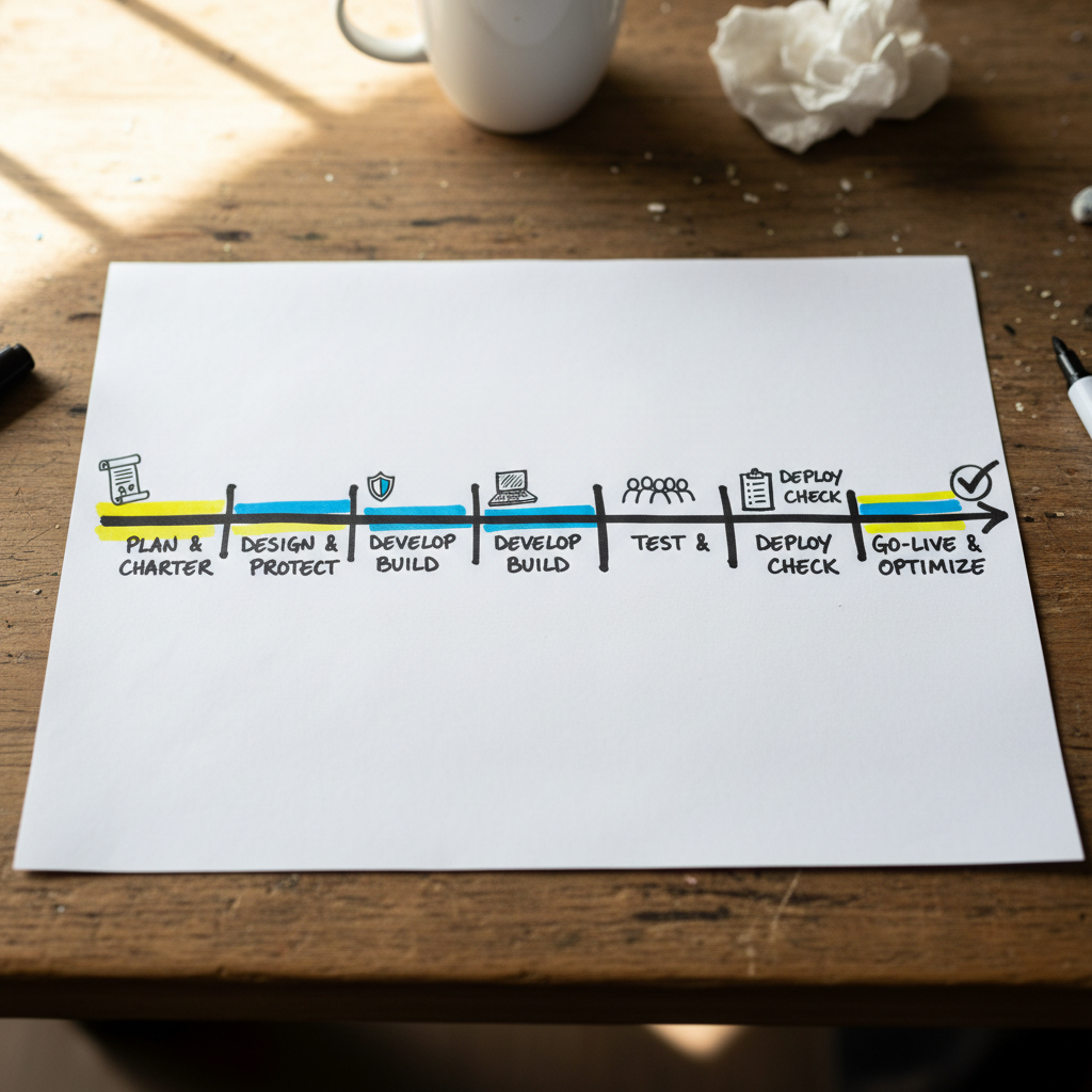 Hand-drawn 12-week AI centre of excellence rollout timeline with named owners and milestones