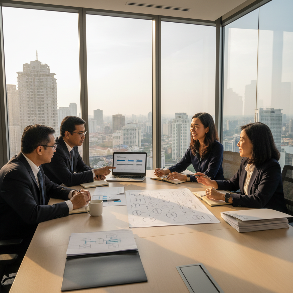 Executives reviewing an AI centre of excellence charter and 12-week rollout plan in a Malaysian meeting room