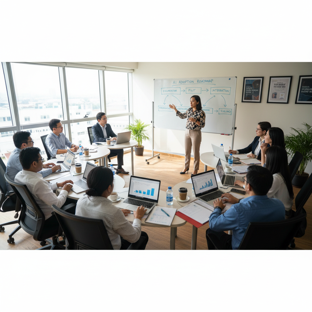 Malaysian corporate AI training workshop with a trainer leading a session on structured AI adoption for workforce upskilling.