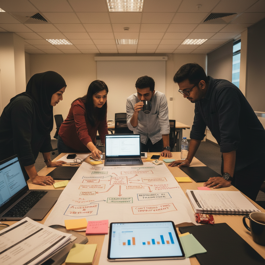 Professionals working over a hand-drawn AI adoption roadmap during a National Training Week planning session.