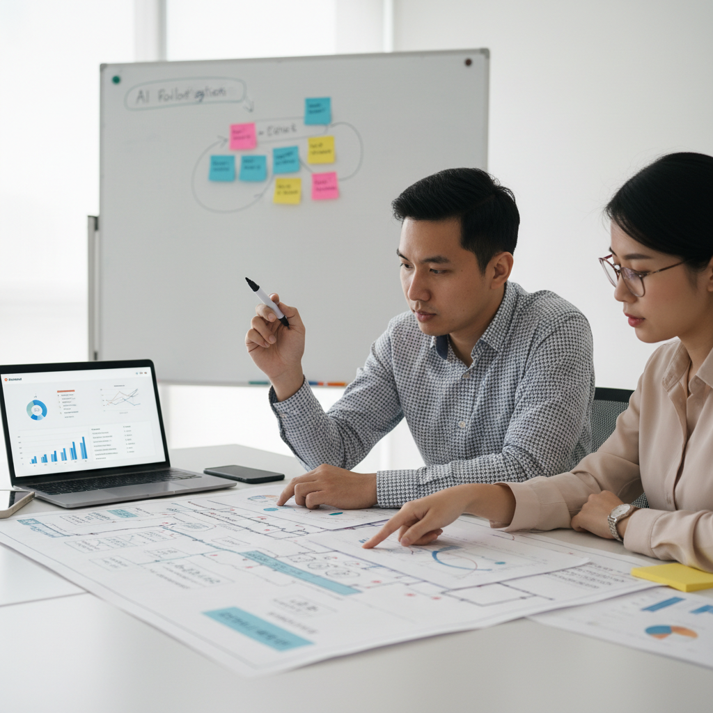 Colleagues mapping an AI rollout checklist and process map during a project planning session