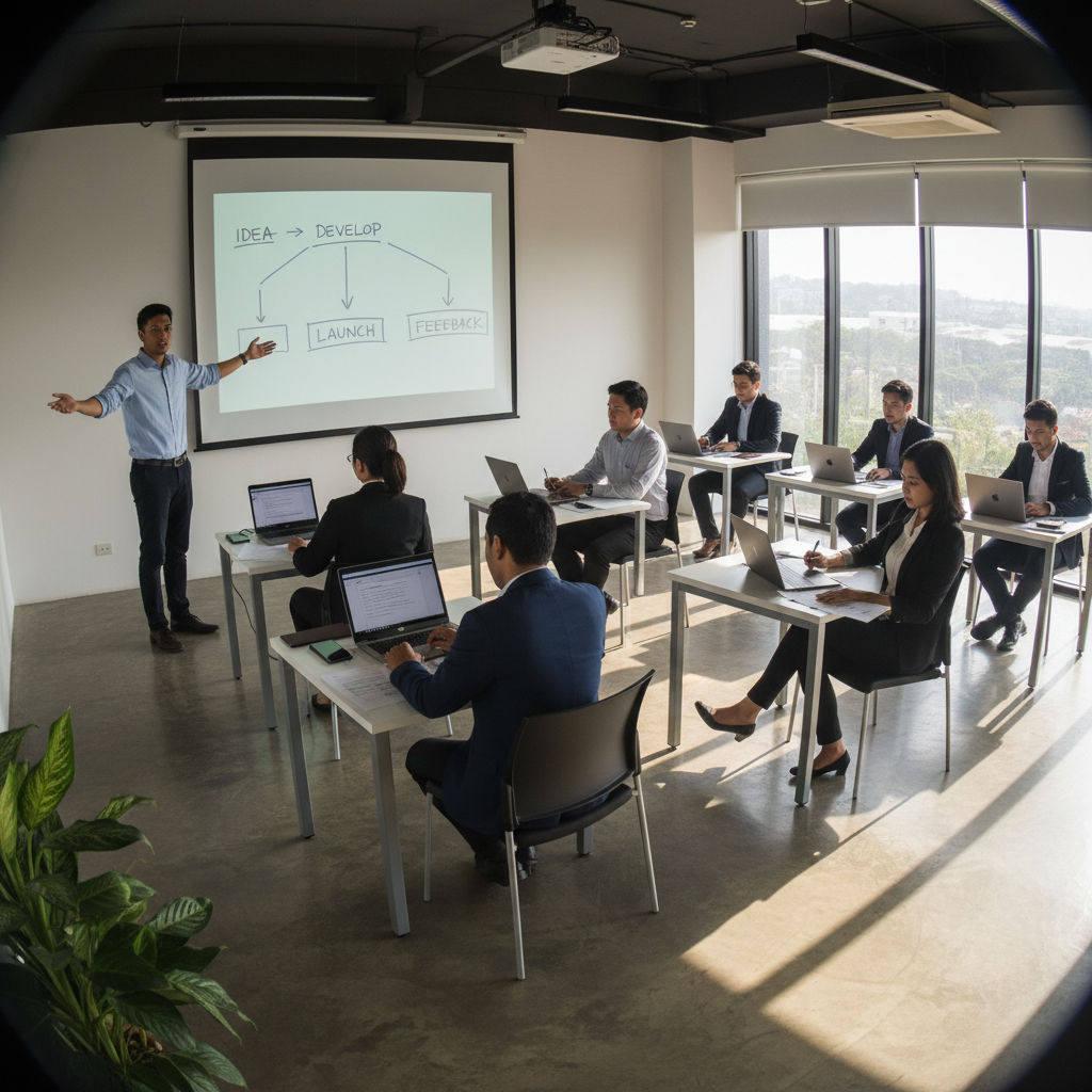 Facilitator guiding a Southeast Asian corporate team through a workplace AI adoption workshop
