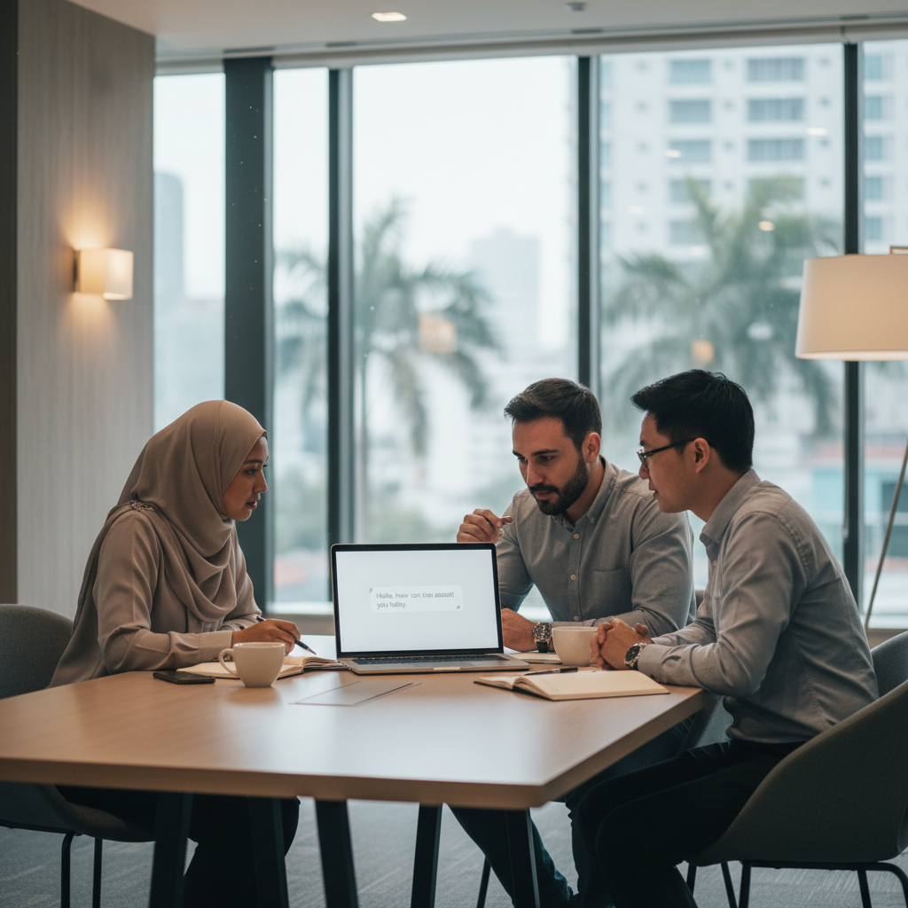 Three Malaysian professionals in a modern office discussing an AI chatbot interface on a laptop