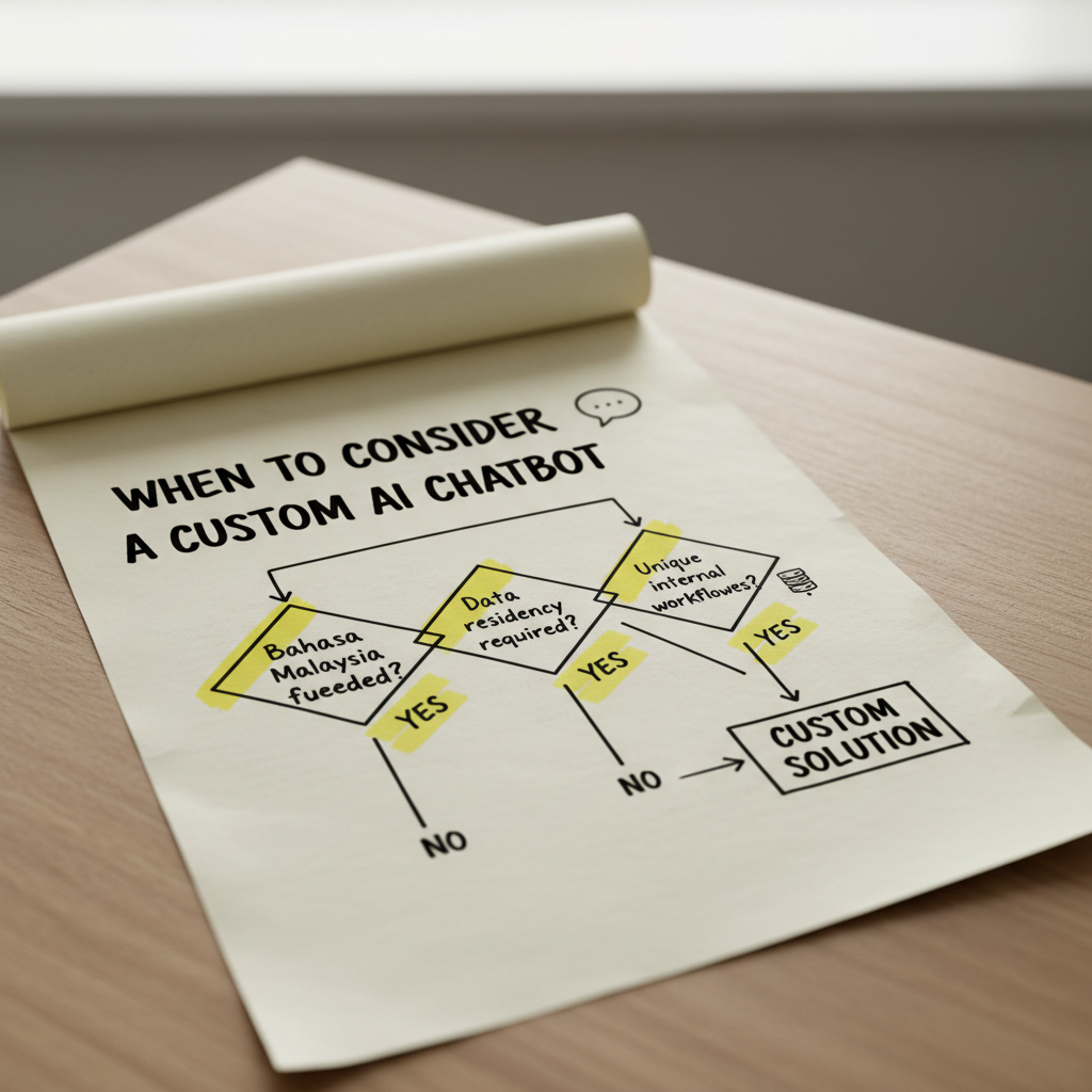 Hand-drawn decision flow infographic showing when Malaysian businesses should consider a custom AI chatbot over off-the-shelf options
