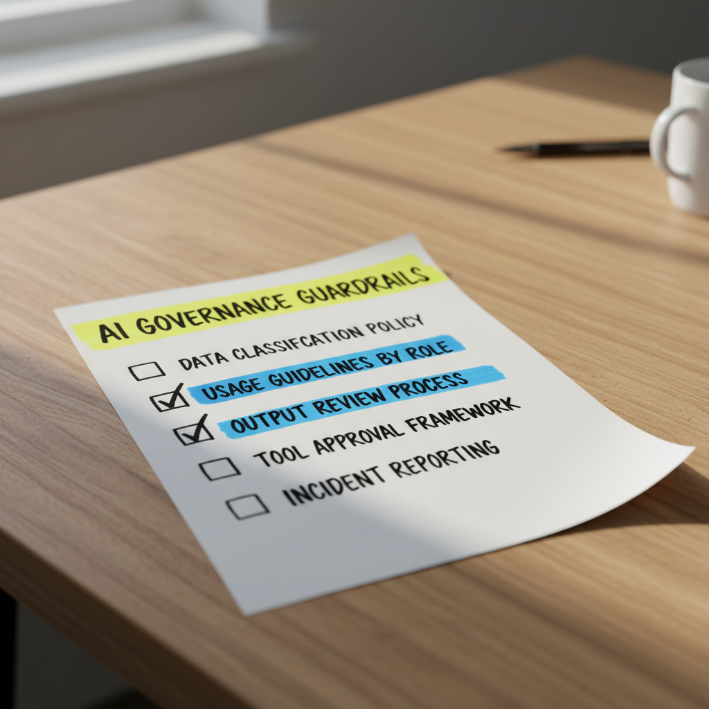 Hand-drawn paper checklist titled AI Governance Guardrails with five items: Data Classification Policy, Usage Guidelines by Role, Output Review Process, Tool Approval Framework, and Incident Reporting.