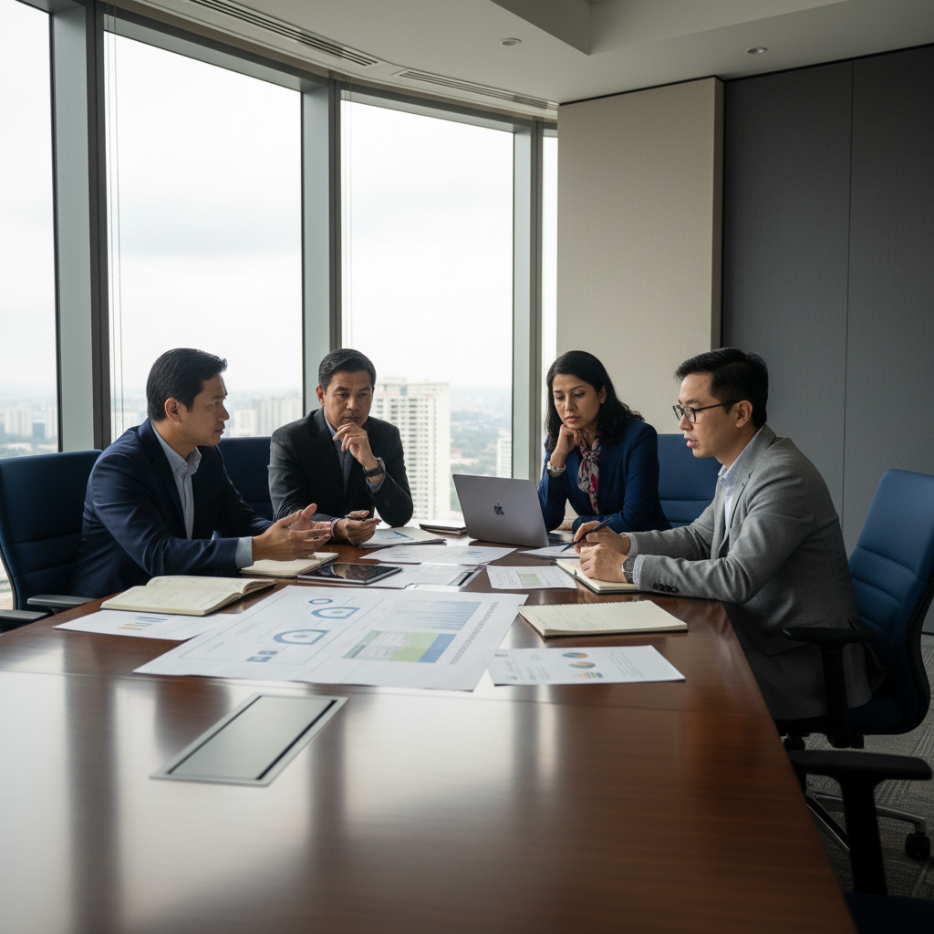 Four senior Malaysian professionals in a modern boardroom having a strategic discussion about AI adoption with papers and notebooks on the table.