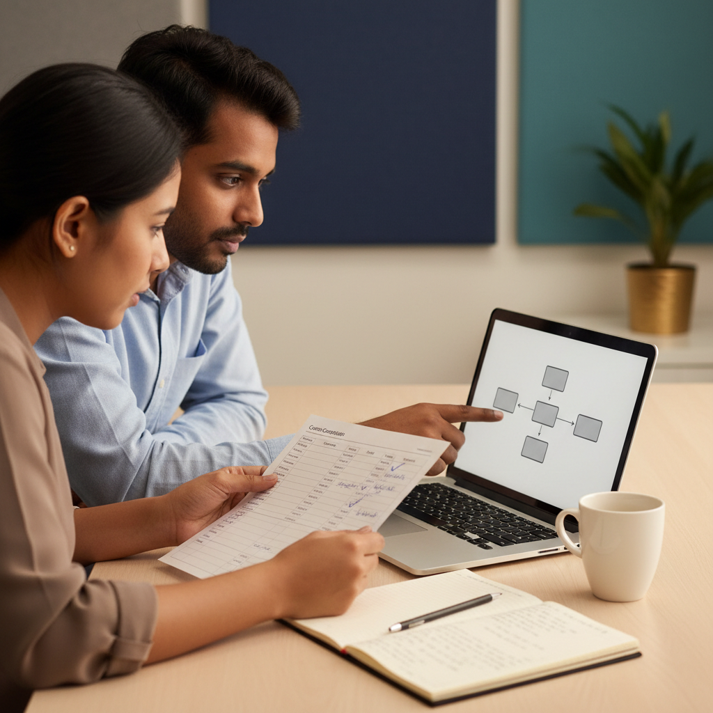 Two professionals comparing AI course options beside a laptop workflow diagram