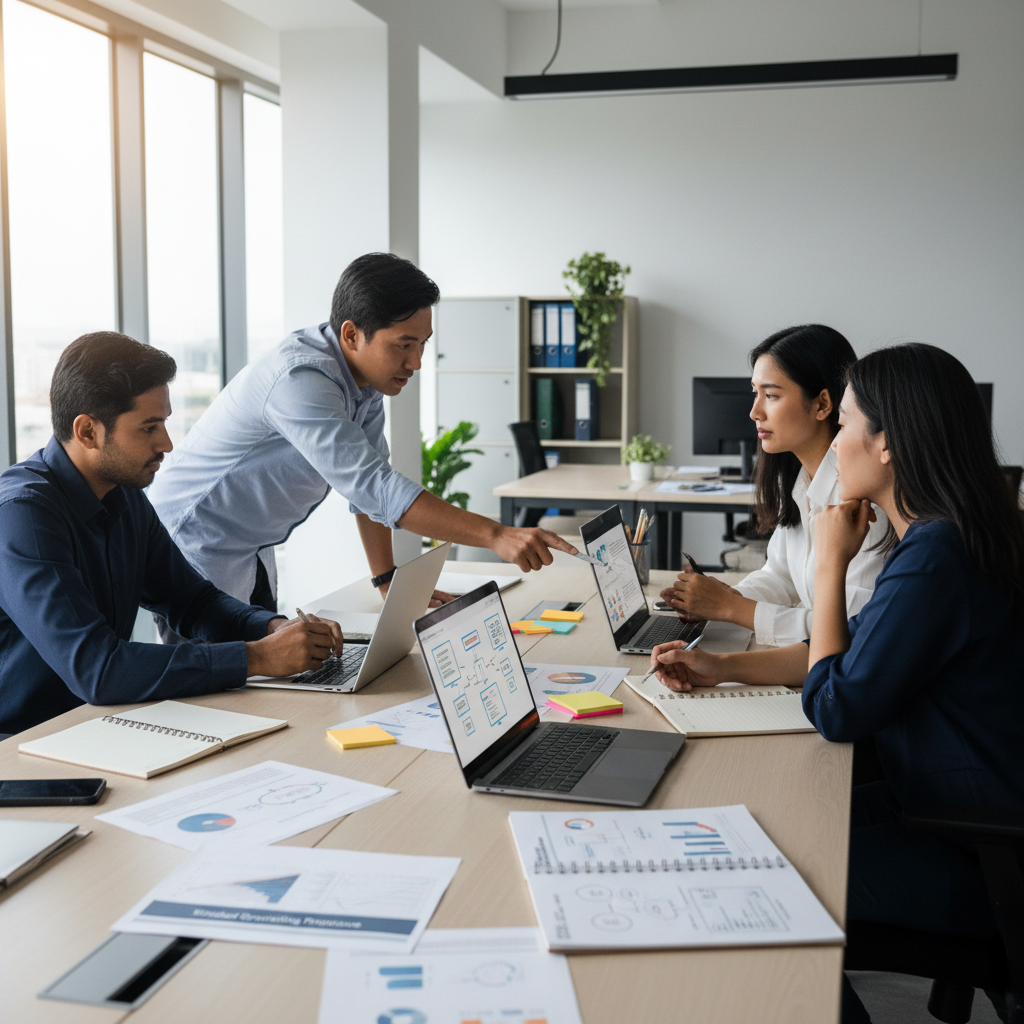 Professional team reviewing an AI workflow automation diagram on a laptop in a modern office