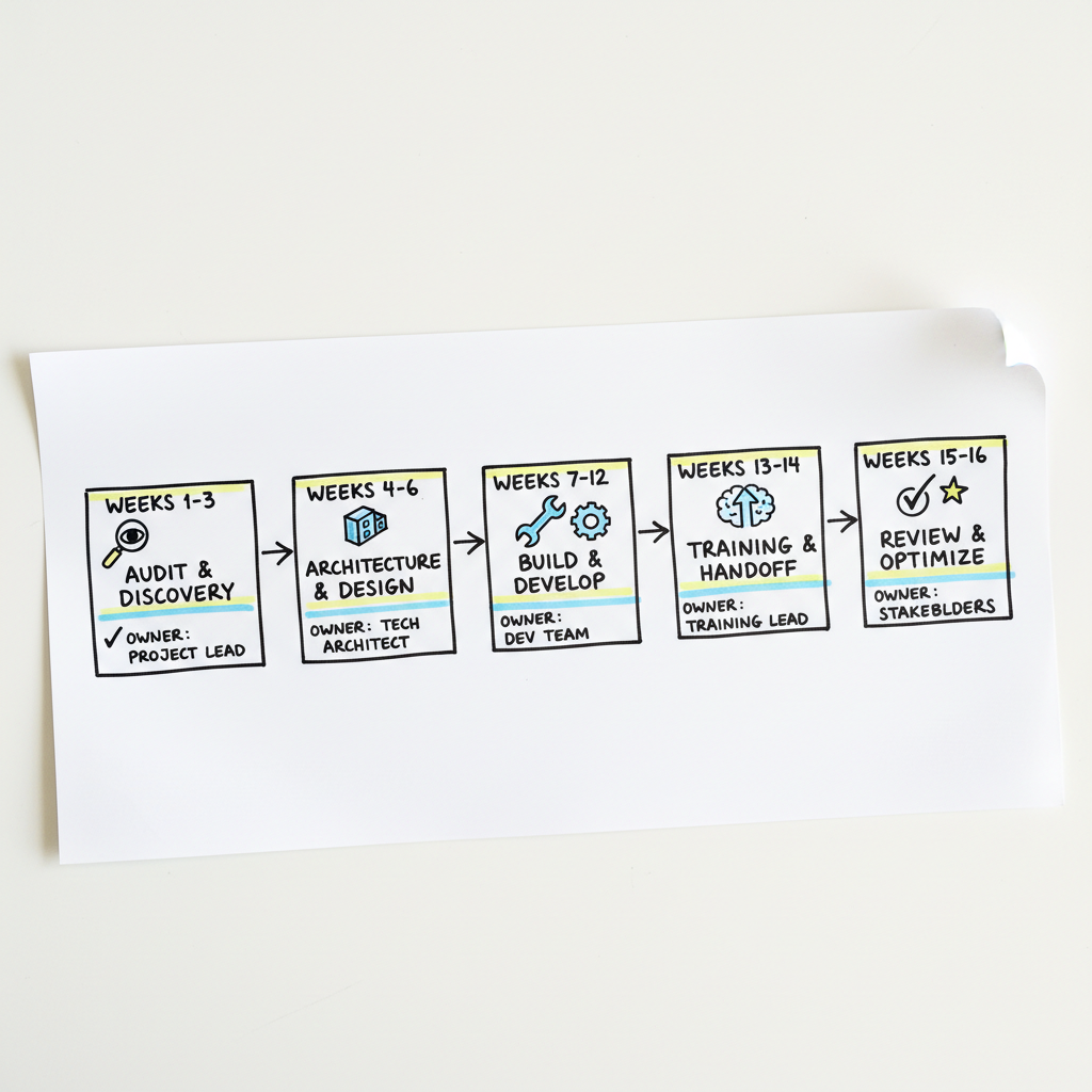 Hand-drawn 16-week AI rollout timeline with stages for mandate, audit, architecture, build, training and review