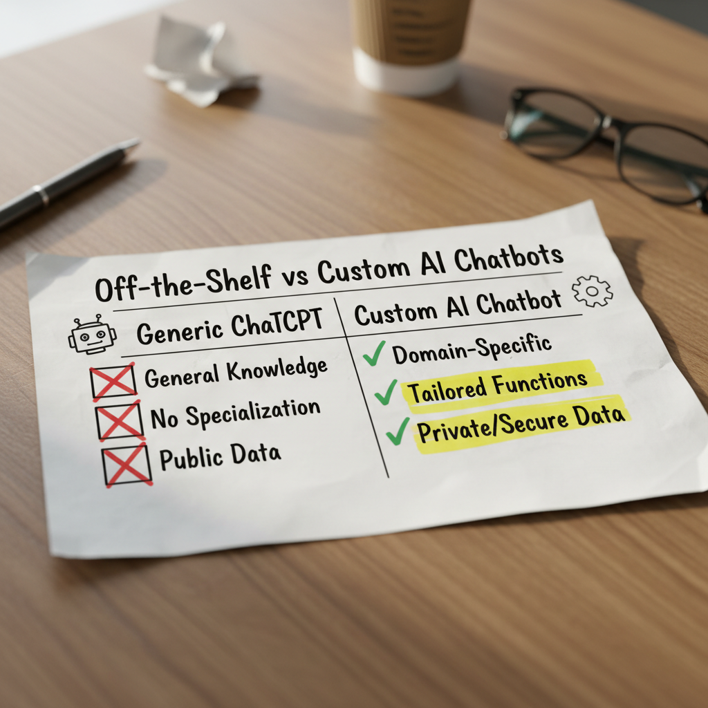 Hand-drawn paper infographic comparing off-the-shelf ChatGPT with custom AI chatbots for Bahasa Melayu enterprise use