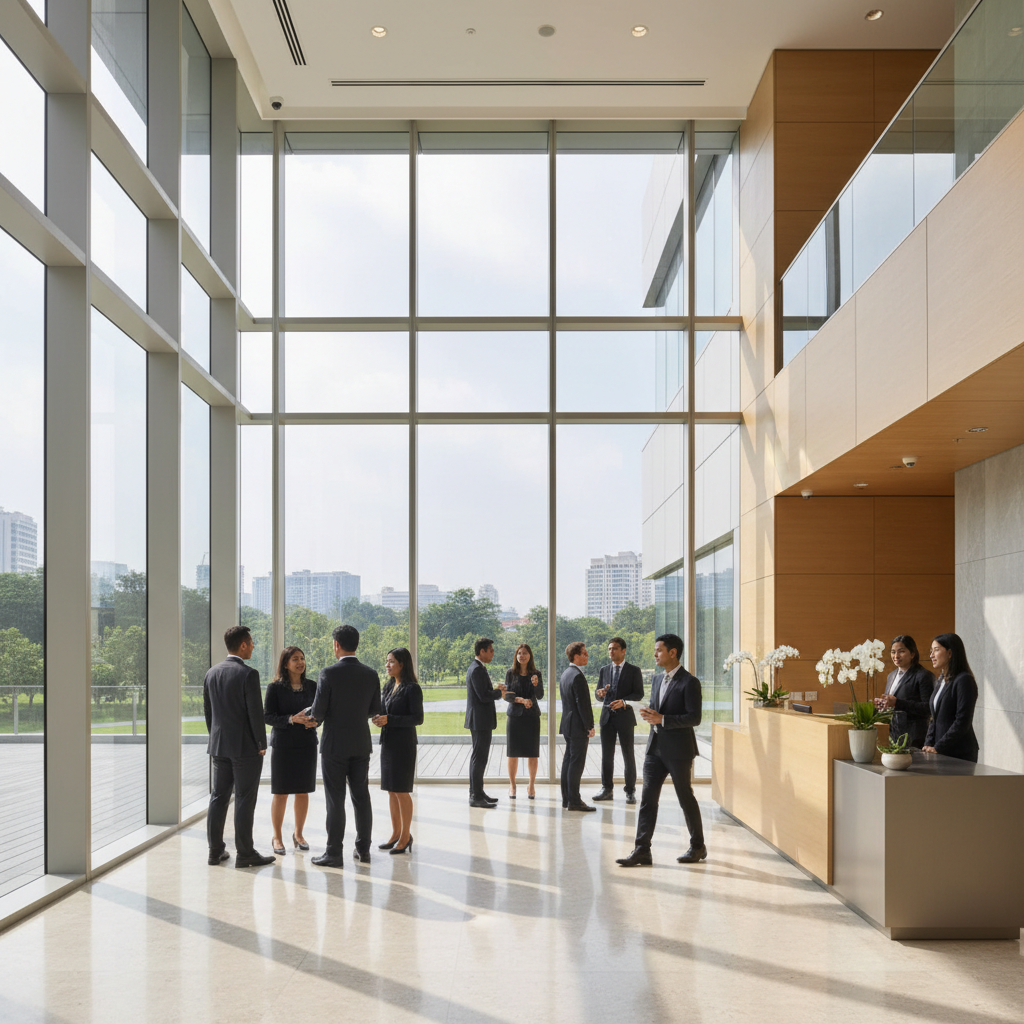 Modern corporate office lobby in Kuala Lumpur with professionals walking through, representing Malaysian enterprise business environment