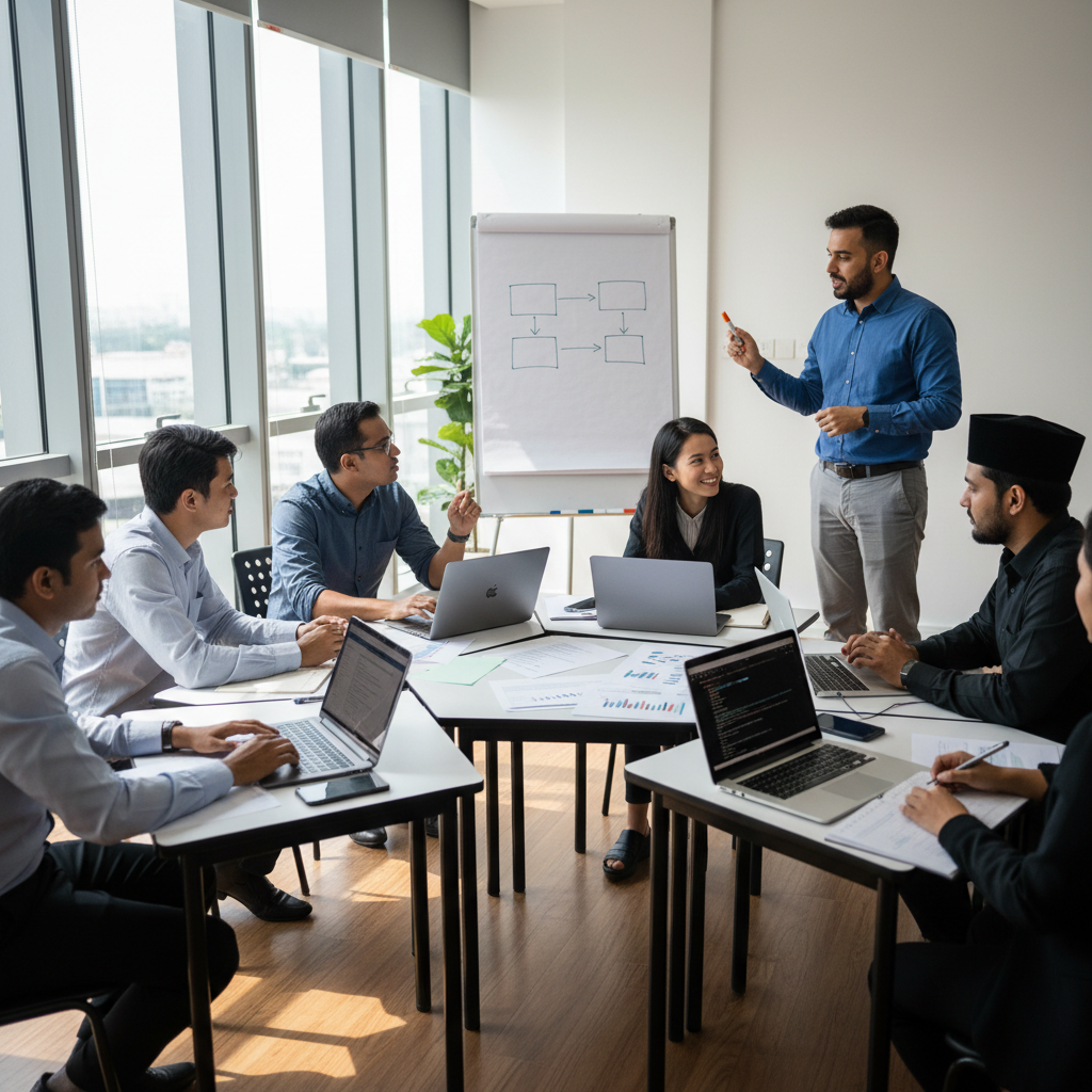 Corporate AI training session in a Malaysian office with a facilitator at a whiteboard guiding professionals at laptops