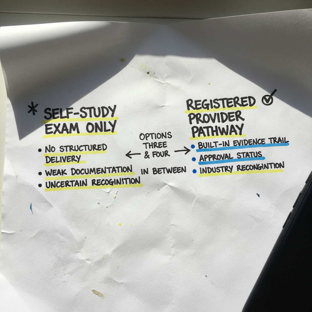 Hand-drawn two-column comparison of self-study exam-only certification versus a registered training provider pathway