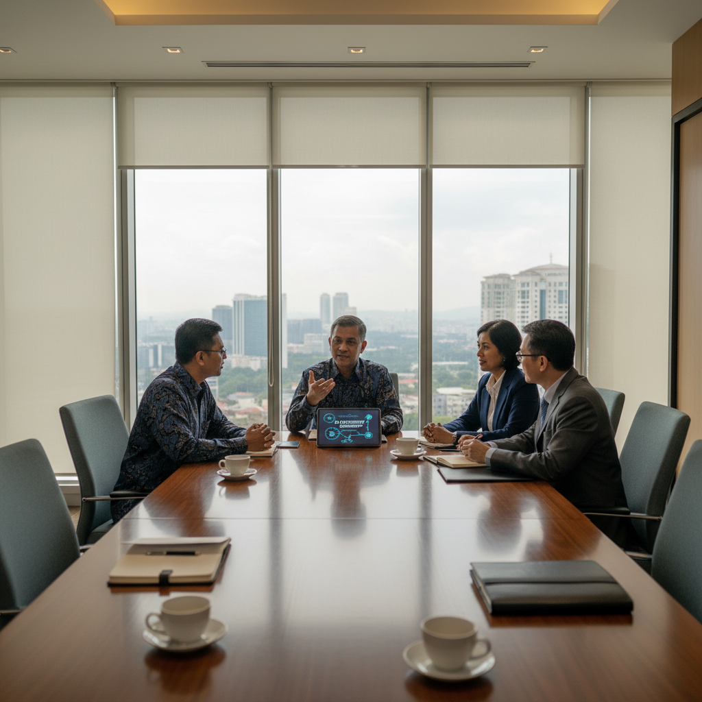 Senior Malaysian executives in a KL boardroom discussing an AI adoption roadmap on a tablet during a strategy session