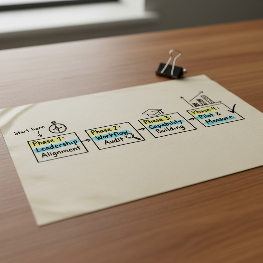 Hand-drawn four-phase AI adoption framework from leadership alignment to pilot and measure