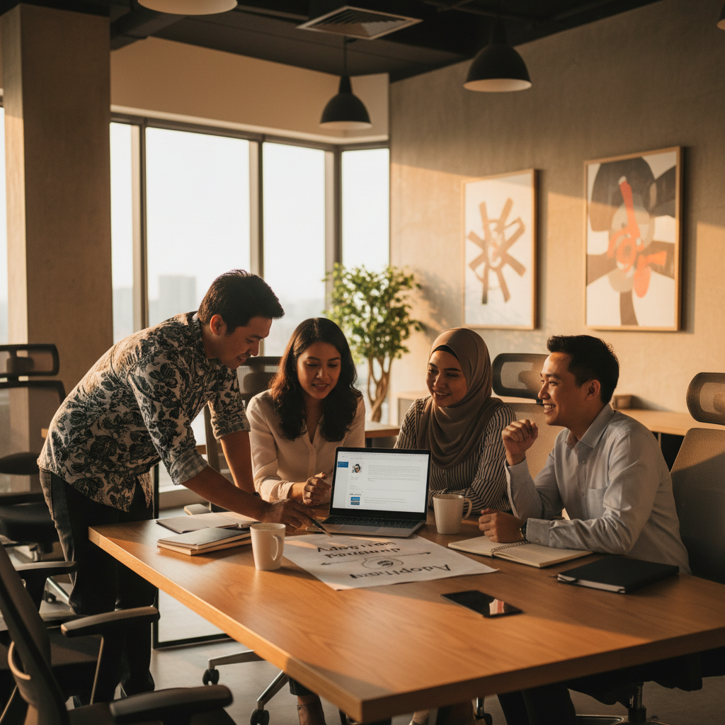 Diverse Malaysian business team collaborating on a laptop during a structured AI adoption working session