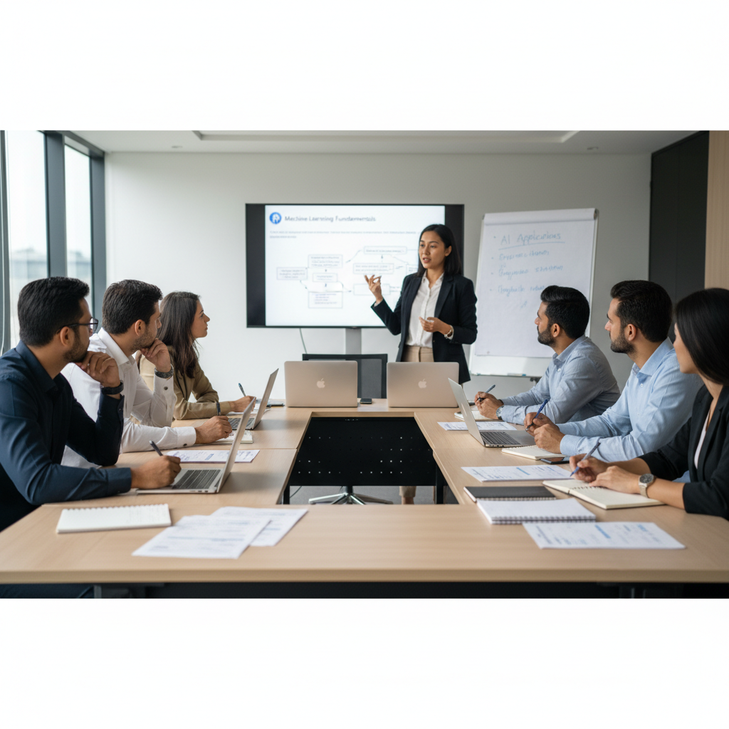 Trainer leading a hands-on corporate AI training workshop with Malaysian professionals at laptops
