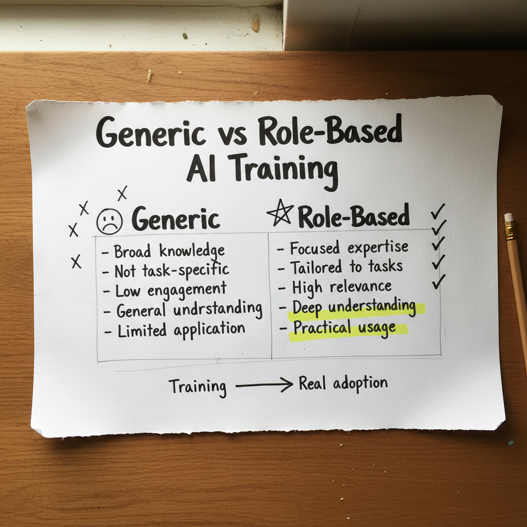 Hand-drawn comparison cheat sheet contrasting generic AI training with role-based AI training using checkmarks and doodle icons.