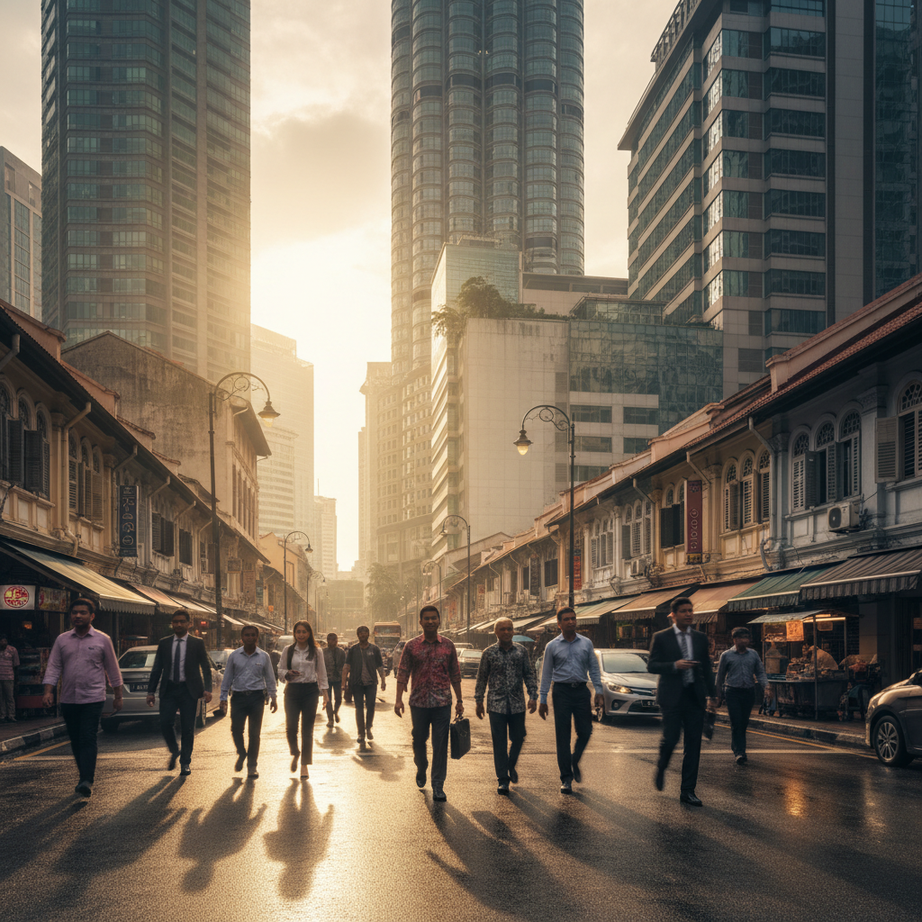 Business professionals walking past colonial shophouses and modern office towers in a Southeast Asian city street during golden afternoon light.