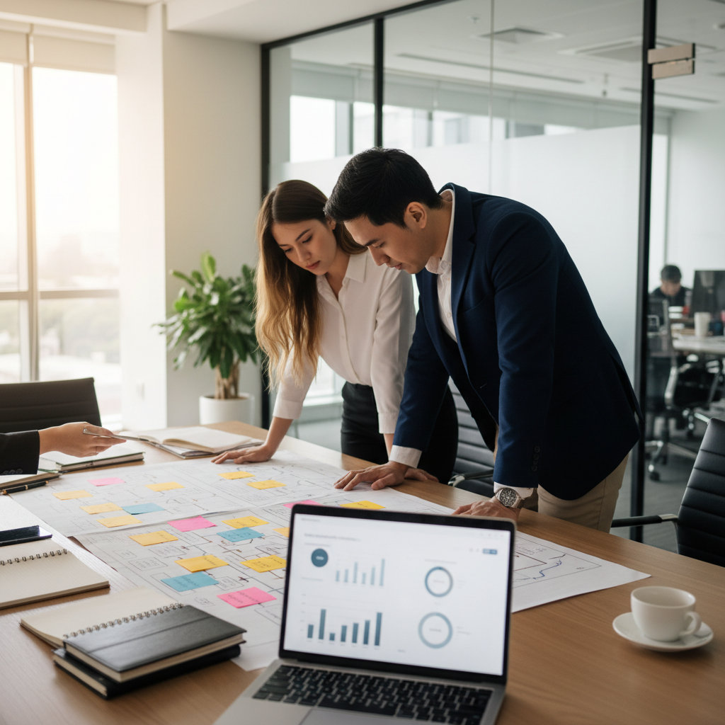 Accountants mapping a reconciliation workflow with sticky notes and a laptop dashboard