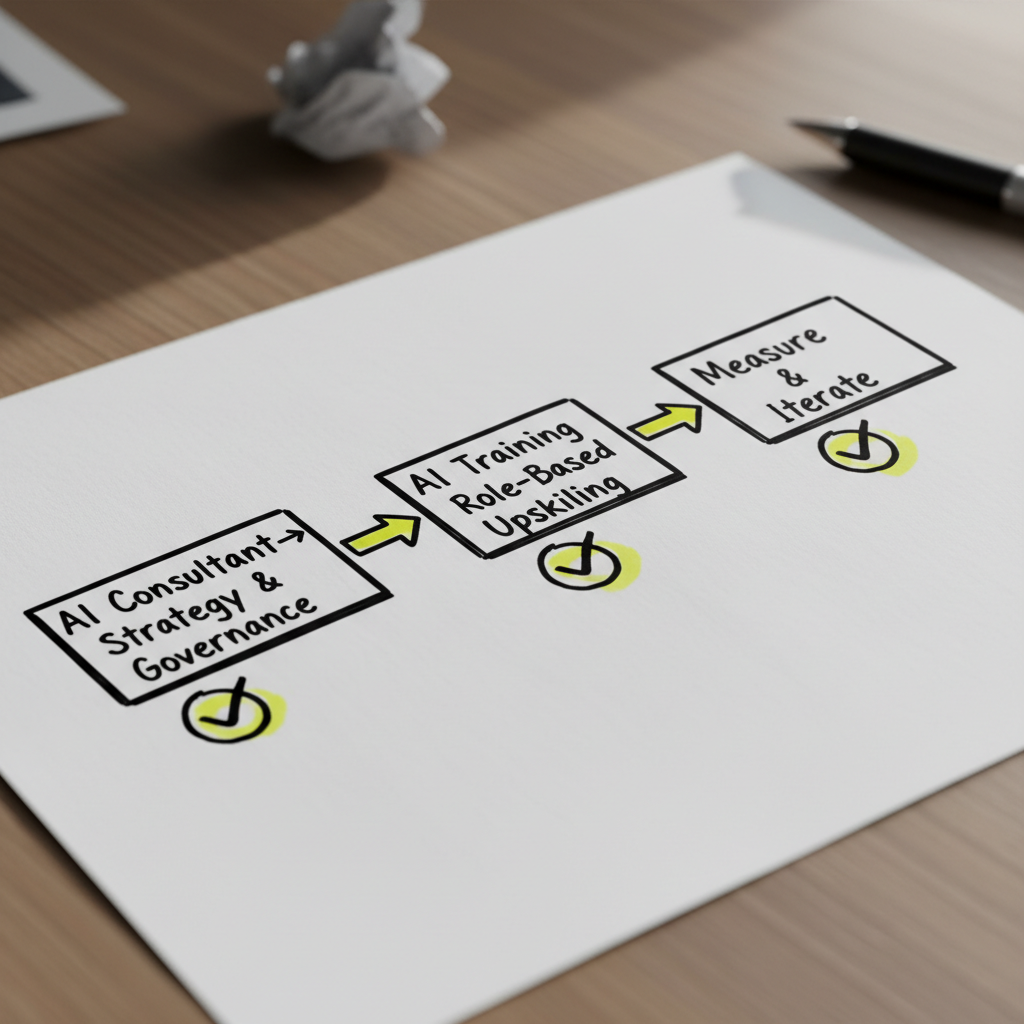 Hand-drawn three-step process flow showing AI consultant first, then AI training, then measurement and iteration.