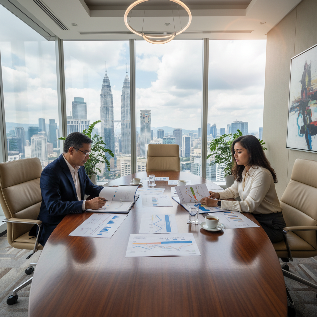 Two senior professionals reviewing AI strategy documents in a premium boardroom, representing AI consultant vs AI training provider decision-making.