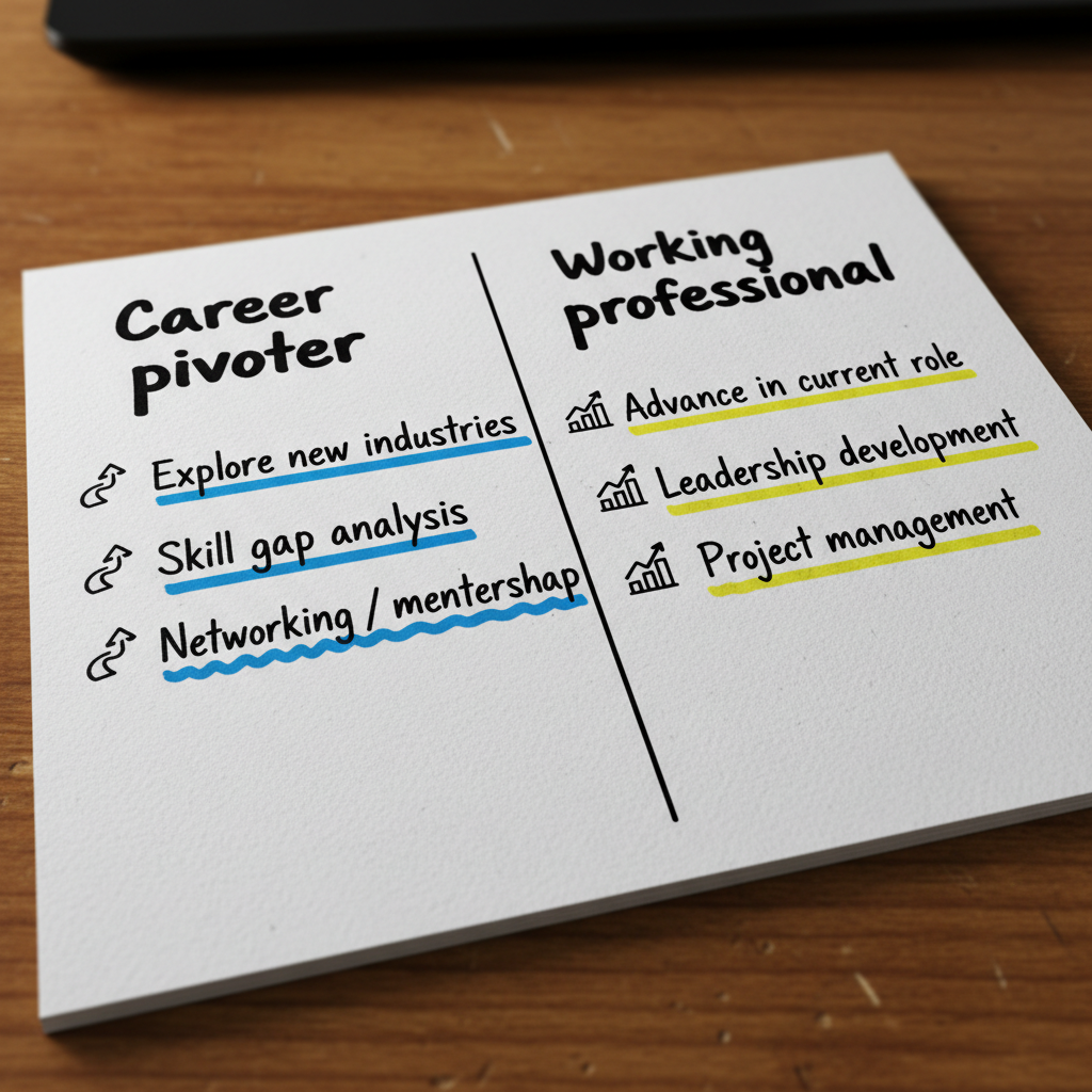 Hand-drawn comparison of certificate choices for career pivoters versus working professionals upskilling