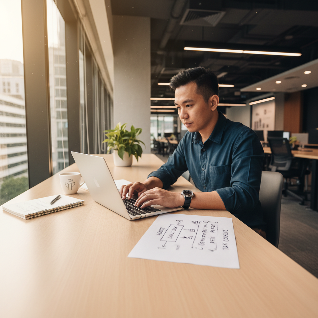 Professional comparing agentic AI course certificates on a laptop with a workflow notebook in a modern office
