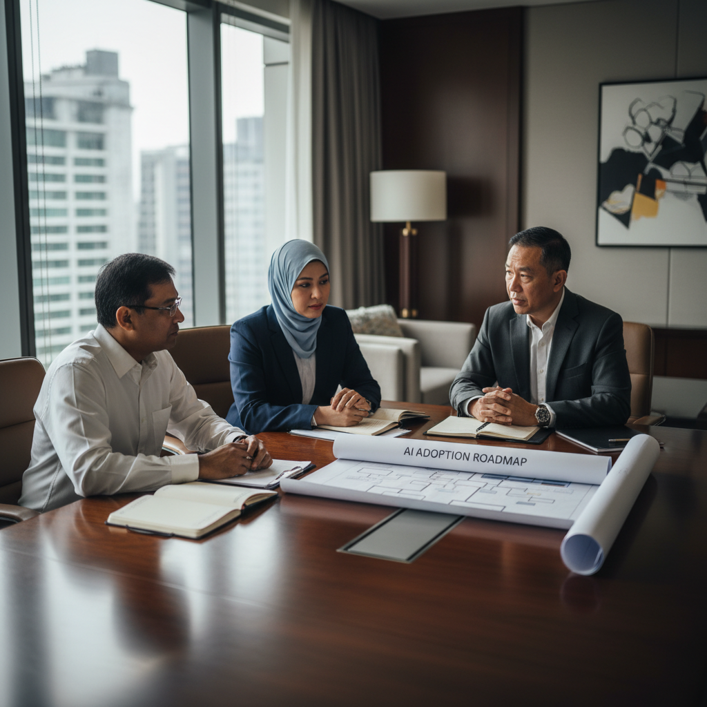 Senior executives in a premium boardroom reviewing an AI adoption roadmap paper