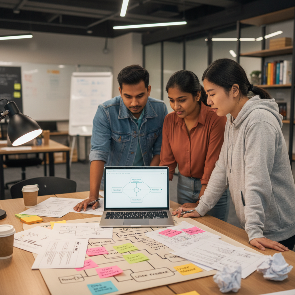 Small team reviewing a workflow diagram and SOP documents for a custom AI solution