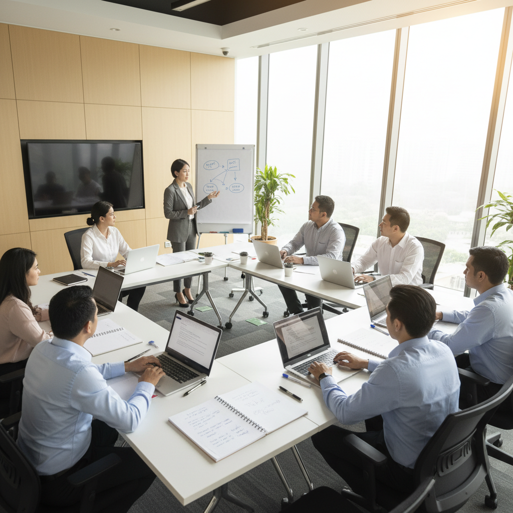 Corporate AI training session in Malaysia with participants and trainer in a bright modern room.