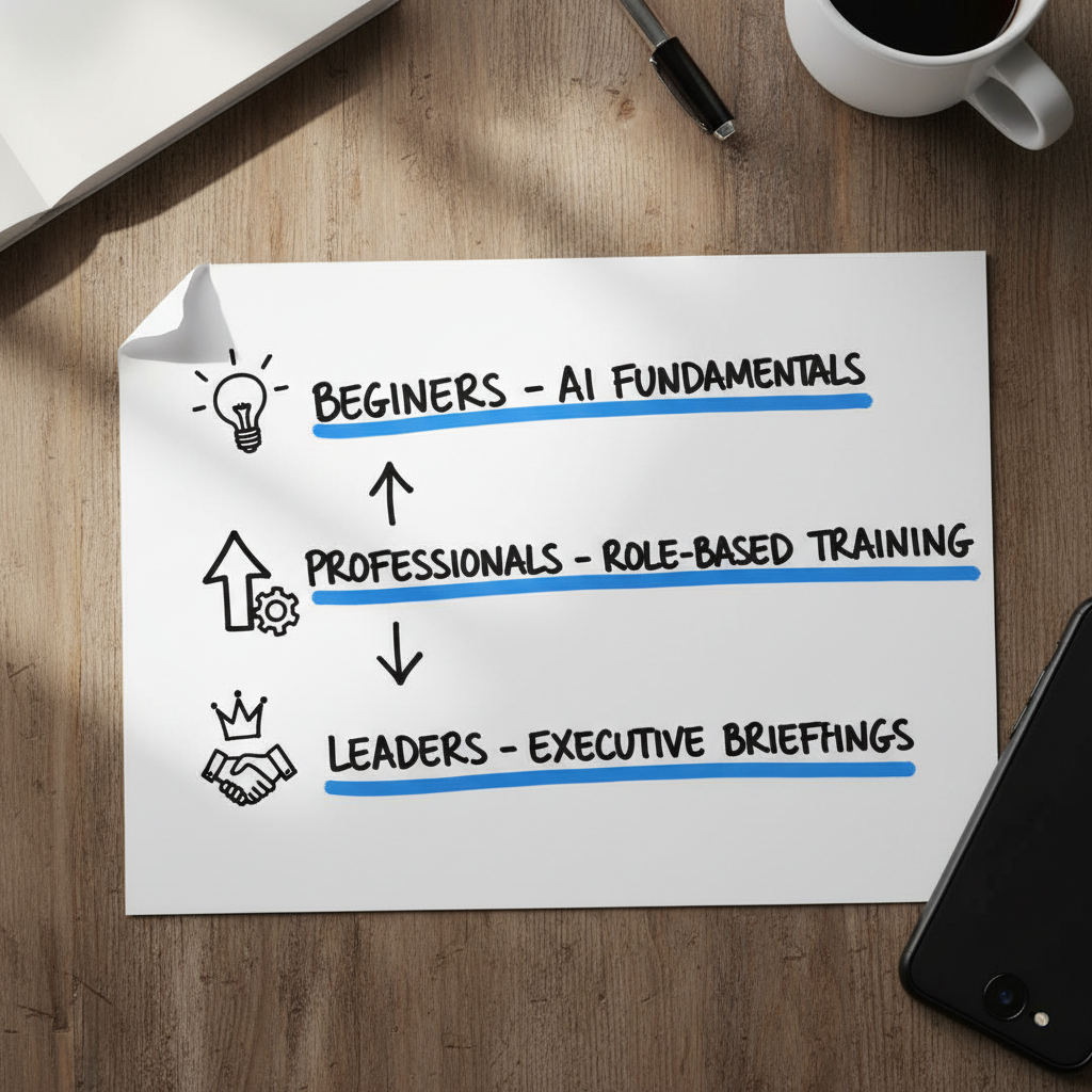 Hand-drawn paper infographic showing three AI training paths for beginners, professionals and leaders.