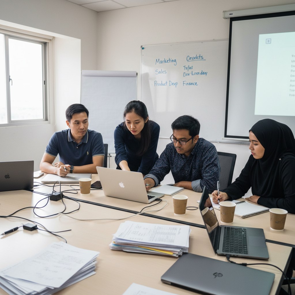 Malaysian SMB leadership team reviewing ChatGPT Team seat licensing and department rollout plans in a meeting room