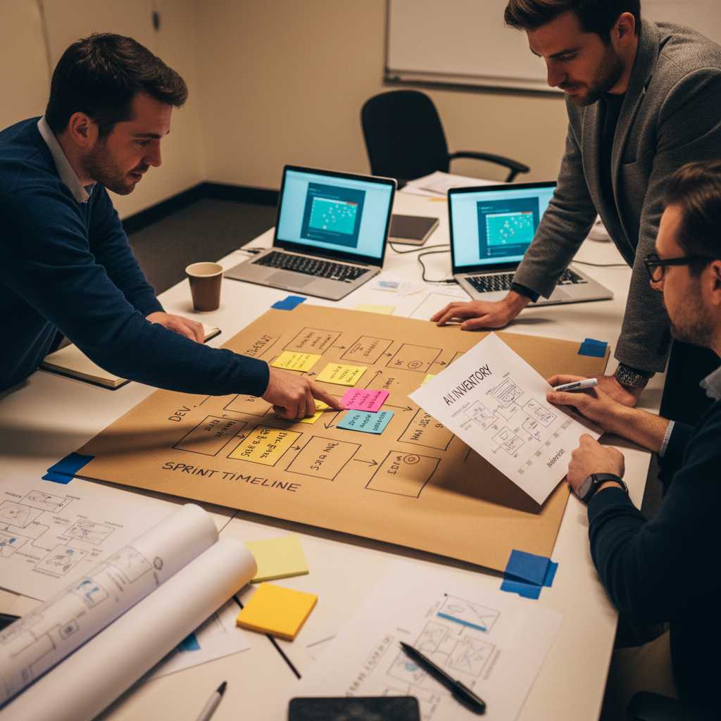 Team mapping a 12-week AI rollout timeline on flip-chart paper with sticky notes and an inventory sheet