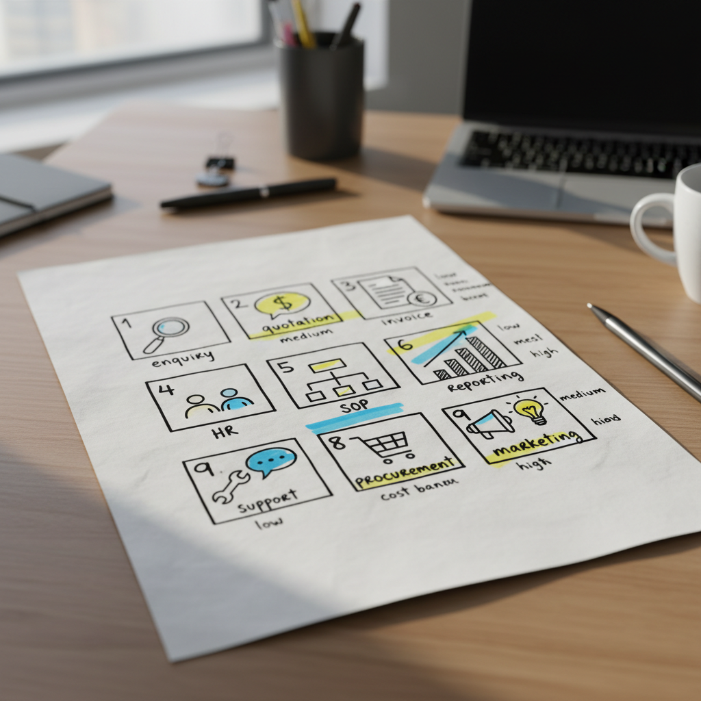Hand-drawn cheat sheet mapping nine SME agent use cases with simple icons and cost bands