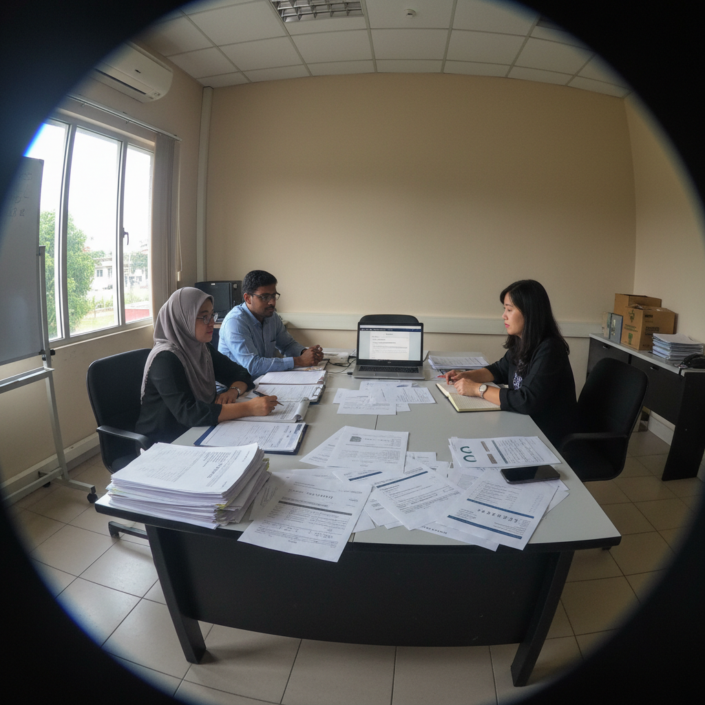 Malaysian SME team reviewing back-office workflows and enquiry lists on paper and laptop