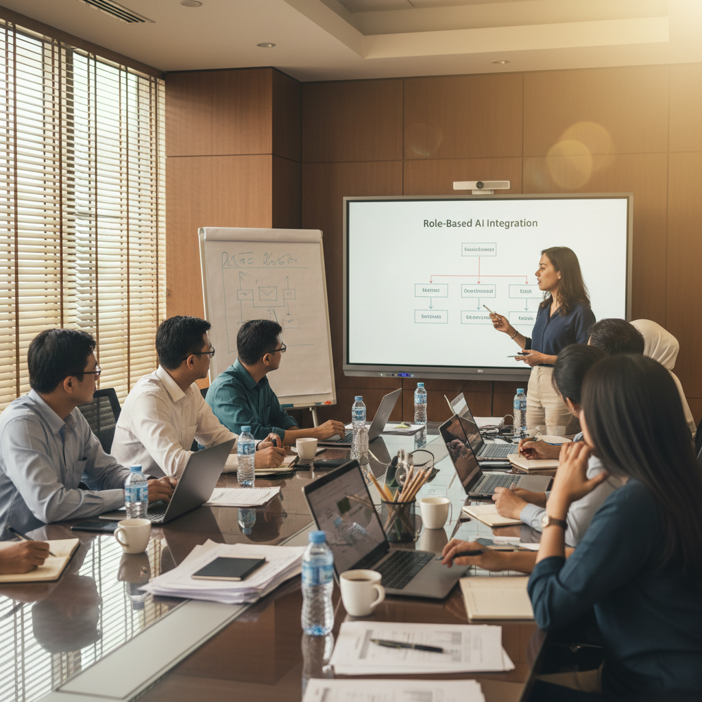 Corporate AI training session in Malaysia with professionals learning role-based automation workflows around a whiteboard.