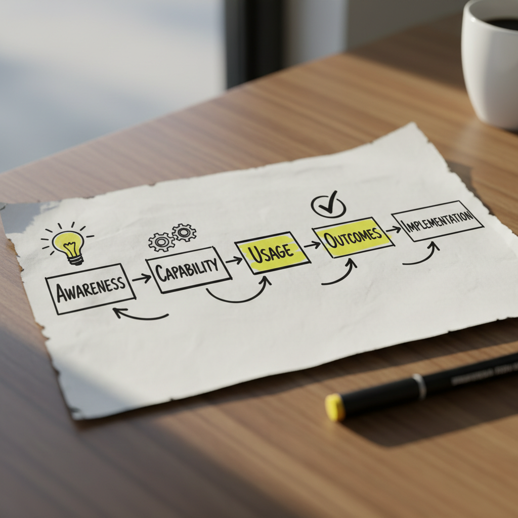 Hand-drawn AI adoption journey infographic showing five stages from awareness through implementation.