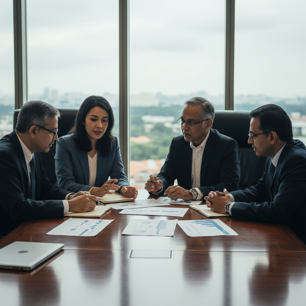 Senior executives in a Malaysian boardroom reviewing an AI adoption roadmap during a strategy session.