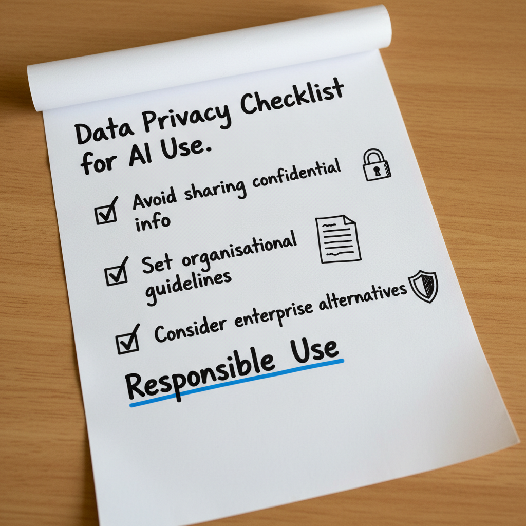 Hand-drawn paper infographic checklist titled Data Privacy Checklist for AI Use with handwritten items and doodle icons.