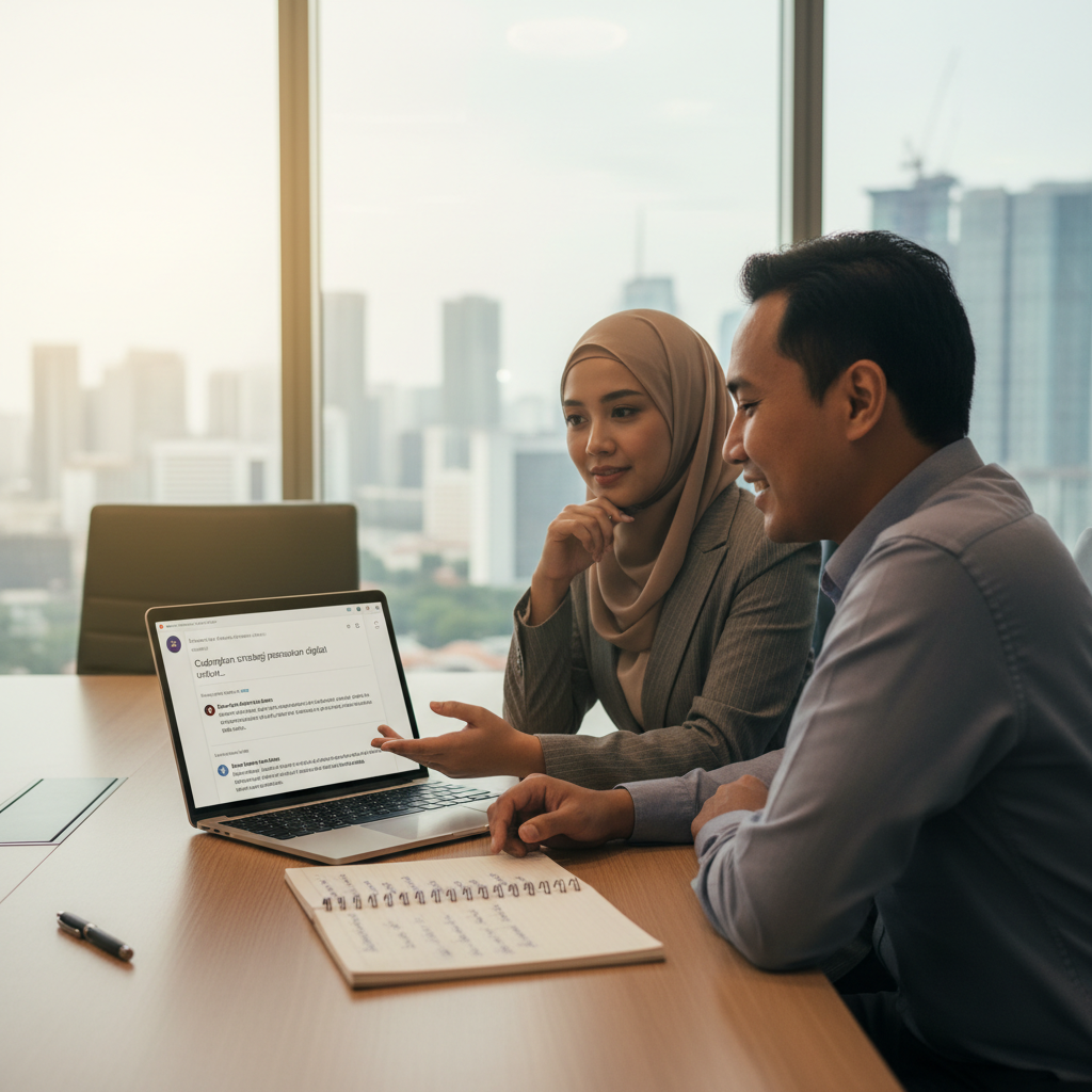 Malaysian business professionals reviewing ChatGPT Bahasa Malaysia interface on a laptop in a modern office meeting room.