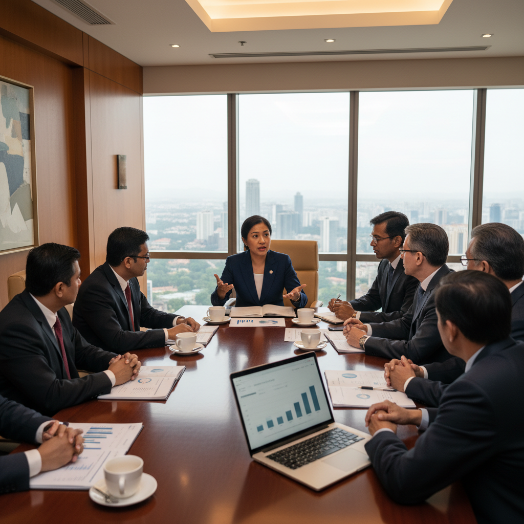 Senior executives in a Southeast Asian boardroom discussing AI strategy with papers and laptop on the table.