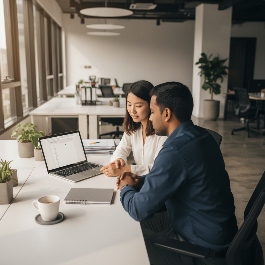 Malaysian professionals using an AI tool on a laptop in a daylight office
